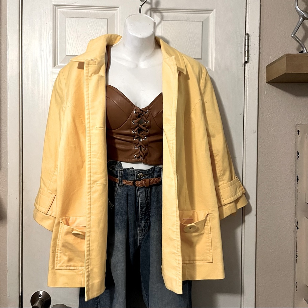 Yellow Fully Lined 97% Cotton 3/4 Sleeve Trench Coat Sz L